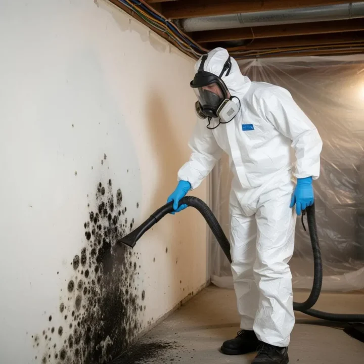 A mold remediation technician in a white Tyvek sui.