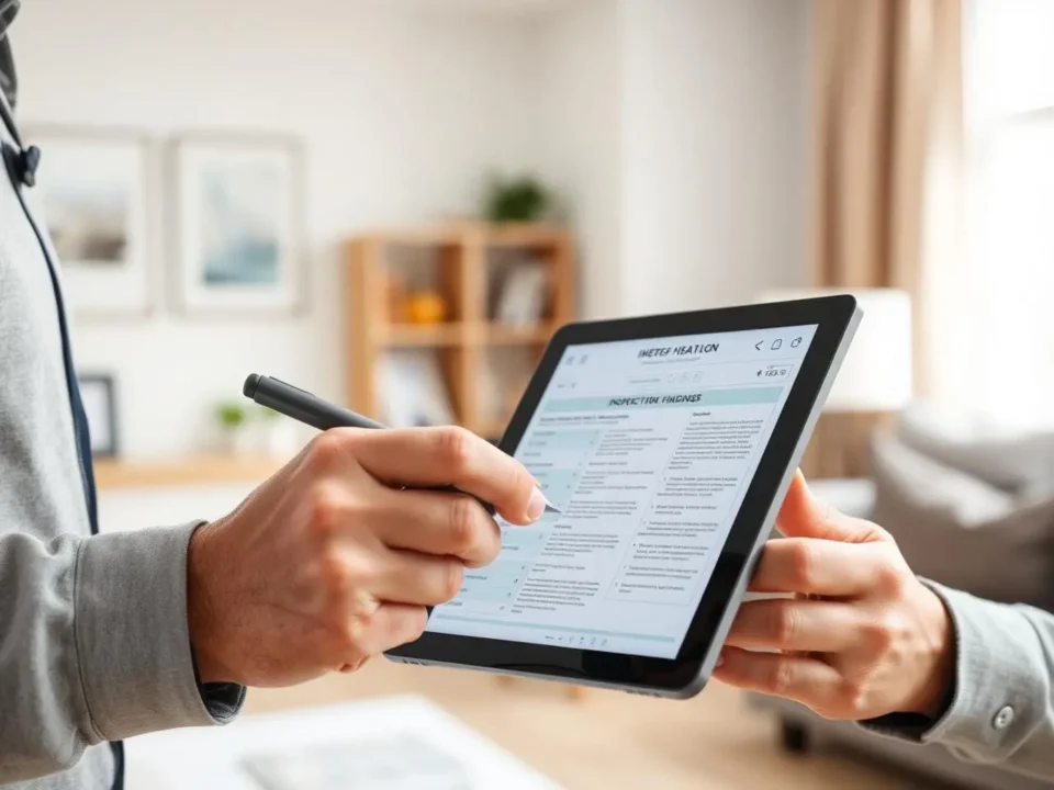 Hands holding a stylus and tablet showing a home inspection findings report in a bright living room