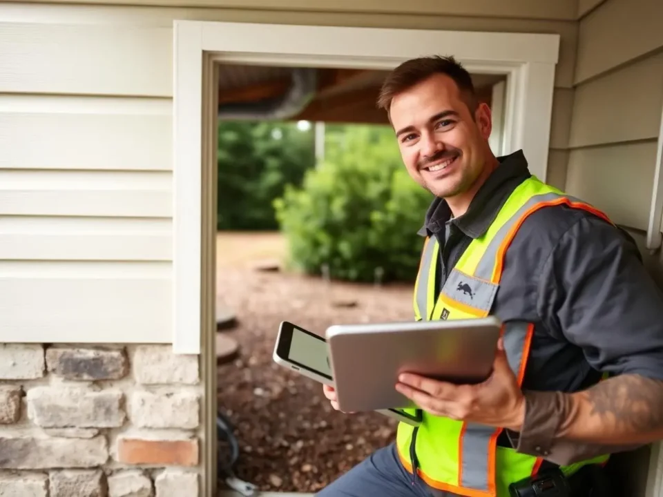 Smiling inspector in a high-visibility safety vest holding a tablet at the entry doorway of a home